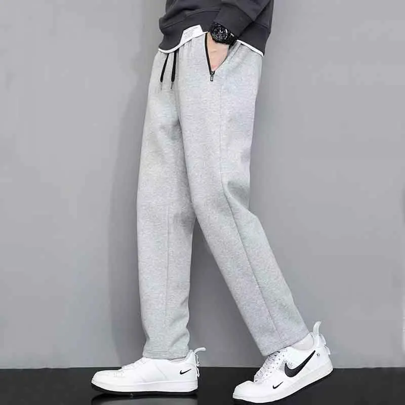 Spring Autumn Men Big Size Straight Sweatpants Fashion New Male Versatile Casual Elastic Waist Zipper Pocket Loose Trousers