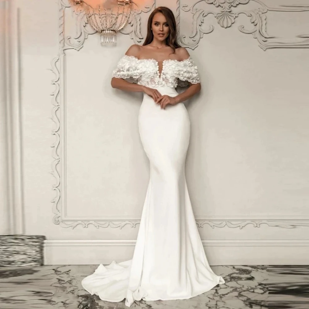 

Gentle Off The Shoulder Boat Neck Wedding Dress For Women Party Satin Mermaid Backless Zipper Pleat Bridal Gowns Train 2023