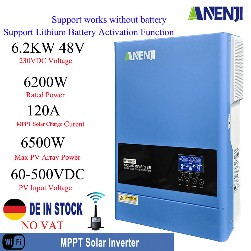  6.2KW Hybrid Solar Inverter 230V 48V Pure Sine Off Grid Inversor Built-in 120A MPPT Solar Charge Controller for PV Solar Panels 