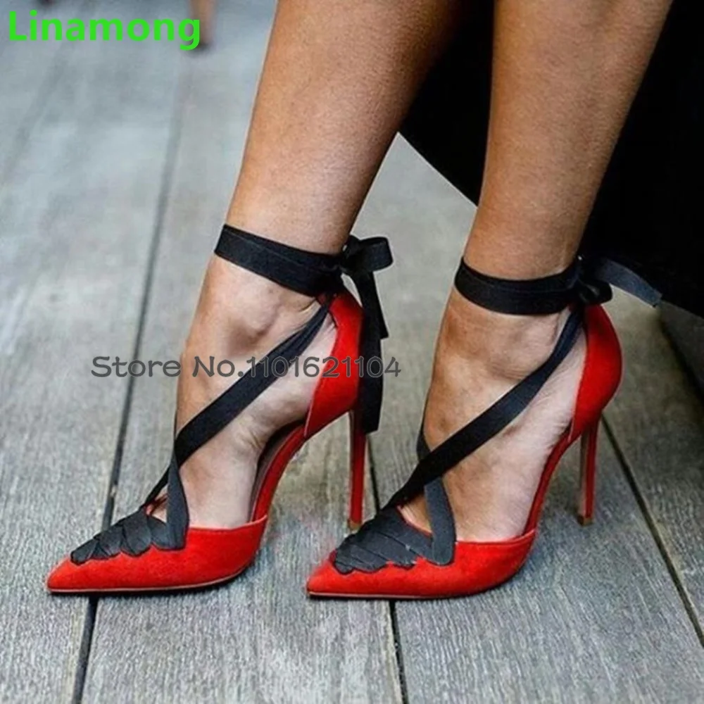 

Red Pumps With Black Ankle Lace-up Thin High Heel Pointed Toe Suede Fabric Shallow Sexy Shoes For Female Women 2023 Dress Heels