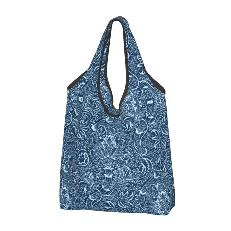 

Custom William Morris Indian Shopping Bag Women Portable Big Capacity Grocery Dark Indigo Blue Tote Shopper Bags