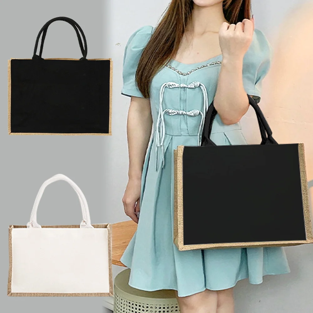 New Environmental Protection Gunny Bag Linen Shoulder Bag Floral Lettered Print Pattern Jute Imitation Sack Women's Shopping Bag