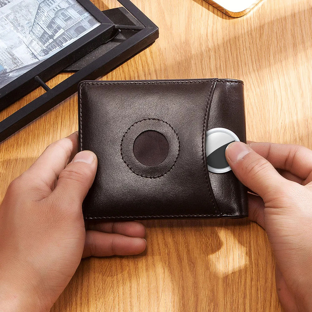 Leather Wallet HUMERPAUL Airtag Wallet For Men Real Leather RFID Trifold Card Holder Case with ID Window Slim Anti-lost