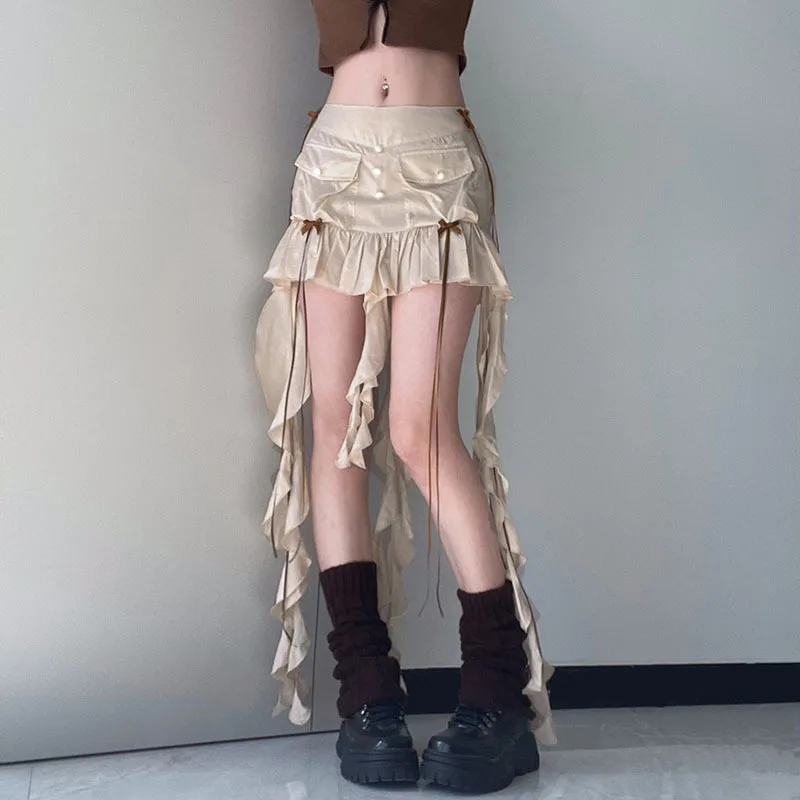 

Combhasaki Women's Y2K Summer Chic Ruffled Mini Skirt with Long Ribbon Straps Low Waist Bowknot Aesthetic Short Pleated Skirts