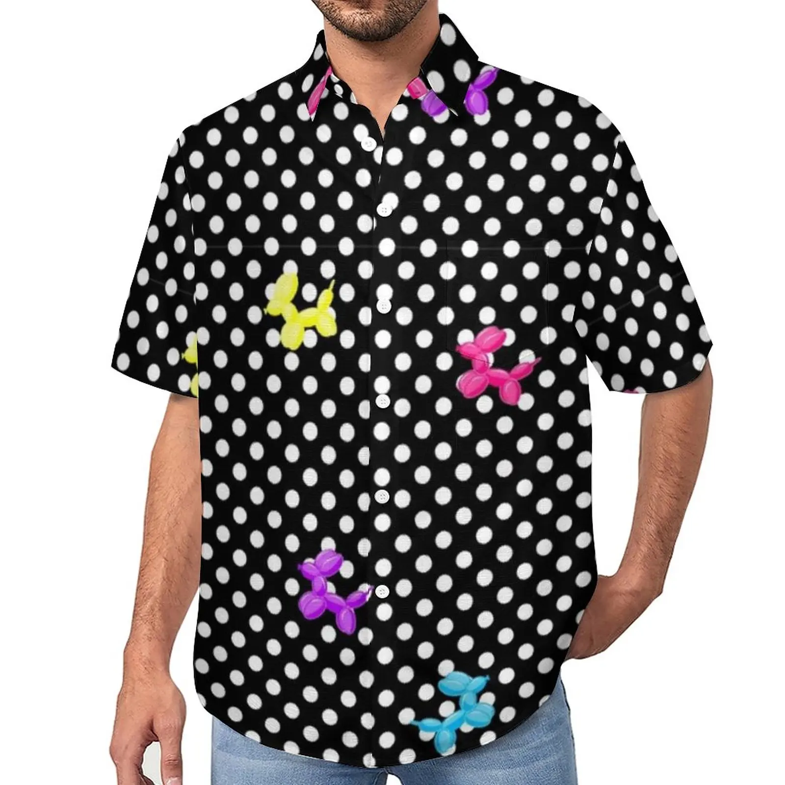 

Dog Balloon Blouses Man Polka Dot Print Casual Shirts Hawaii Short Sleeves Design Aesthetic Oversized Beach Shirt Gift