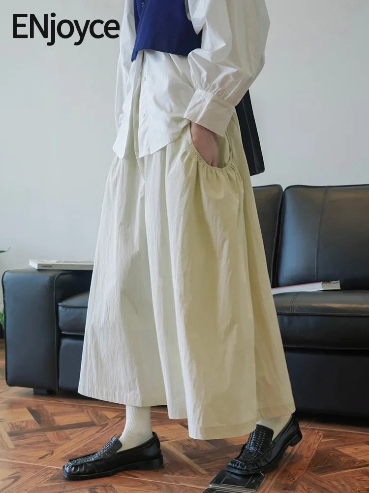 

ENjoyce 2023 Autumn Women Vintage Big Pocket A-line Drape Skirts Ladies Elegant Maxi Dress Elastic High Waist Mid-Length Skirt