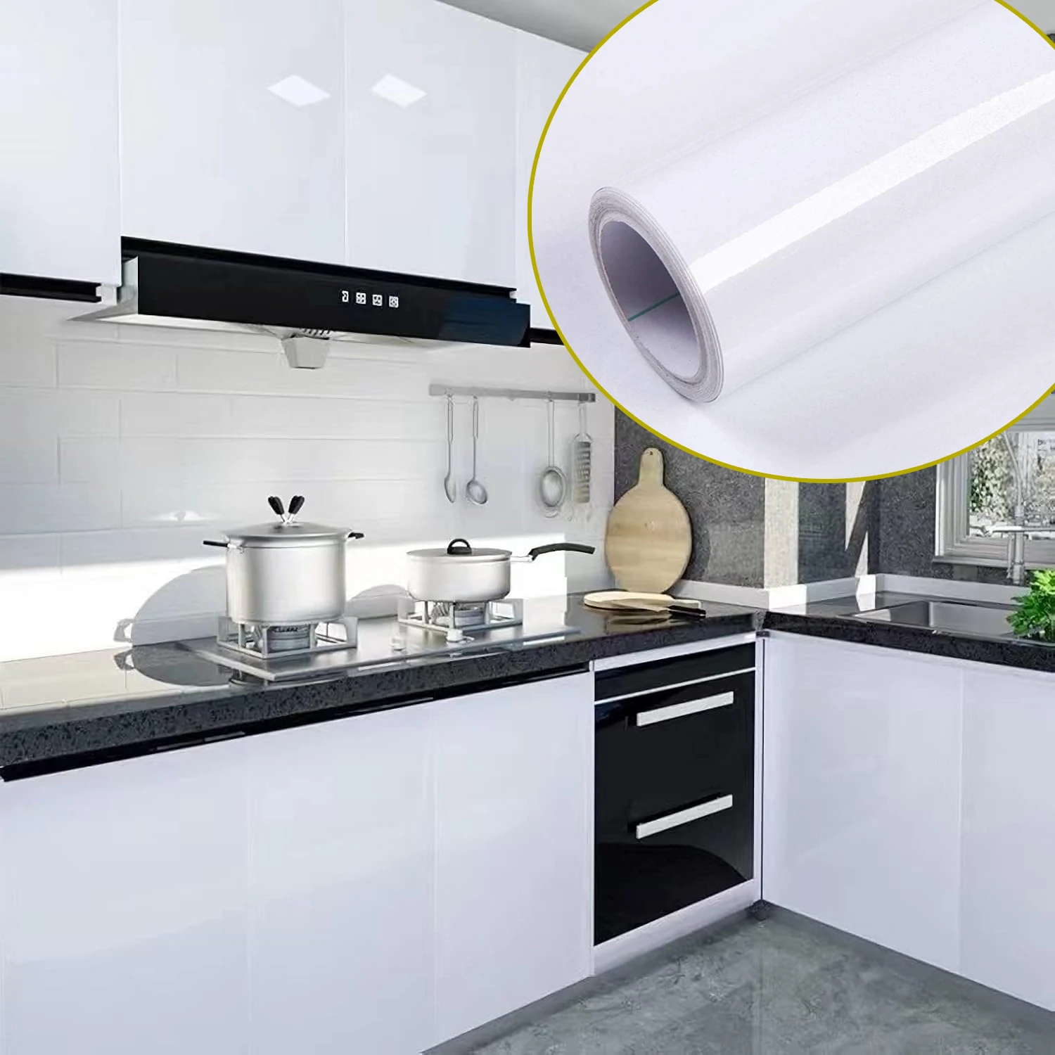 สติกเกอร์ติดประตูตู้ลายหินอ่อนแบบมีกาวในตัว กันน้ำและกันน้ำมัน หนา 1 ม้วน - วอลเปเปอร์แบบลอกและติด สีขาวเงา สำหรับชุดอุปกรณ์ 1