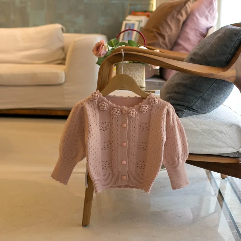 봄과 가을 어린이용 신상 입체 꽃 칼라 소녀용 가디건 스웨터