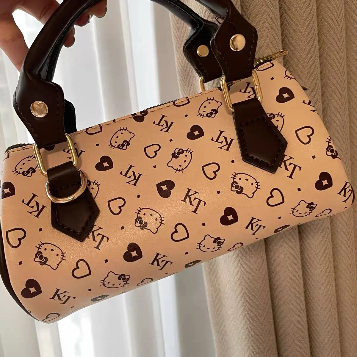 Hello Kitty Bag  New Retro Women Handbag Cartoon Print Cylinder Bag Korean Fashion Girl Fashion Matching Crossbody Pillow Bag