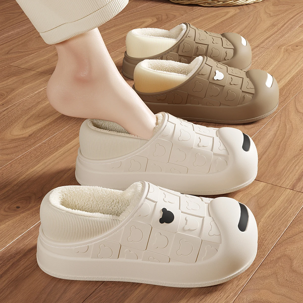 Winter Warm Cartoon Bear Waterproof Plush Women Home Slipper Lady Men Thick Furry Outside Cotton Shoes 2