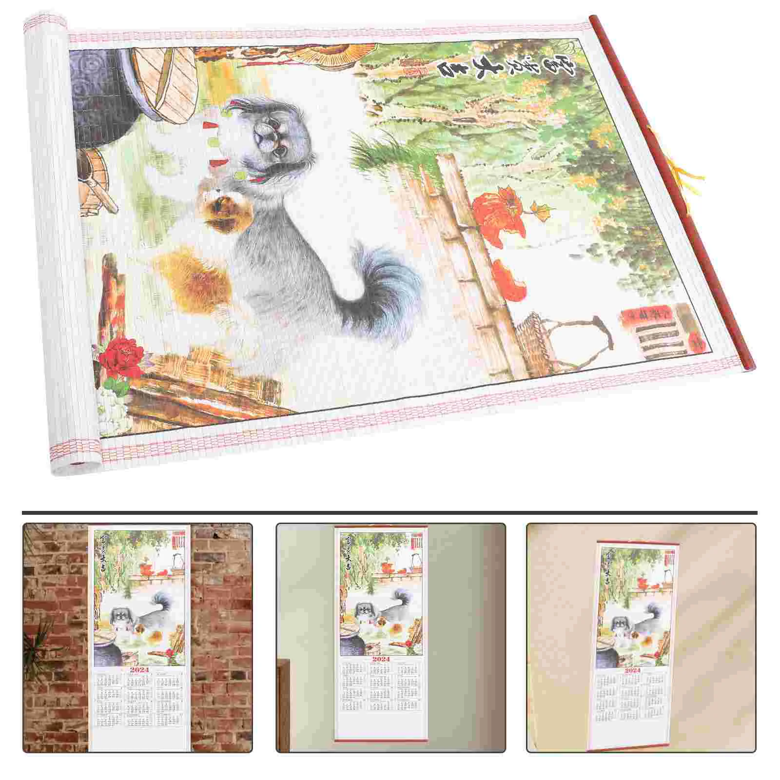 2024 Imitation Rattan Hanging Scroll Annual Calendar Year of The Dragon Wall Landscape Decorative Painting (h-130) Paper Office