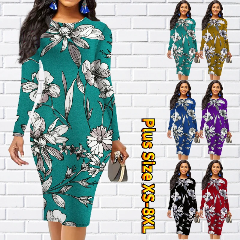 

Casual Sheath Skirt Autumn Winter Women Round Neck Knee-length Skirt New Design Printed MIDI Skirt Fashion Long Sleeve Skirt