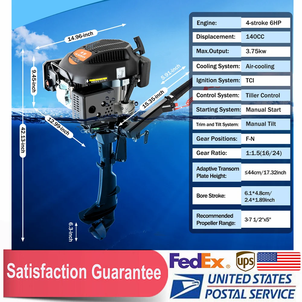 6 HP 4 Stroke Outboard Motor with Air Cooling System Boat Accessories Heavy Duty Boat Engine