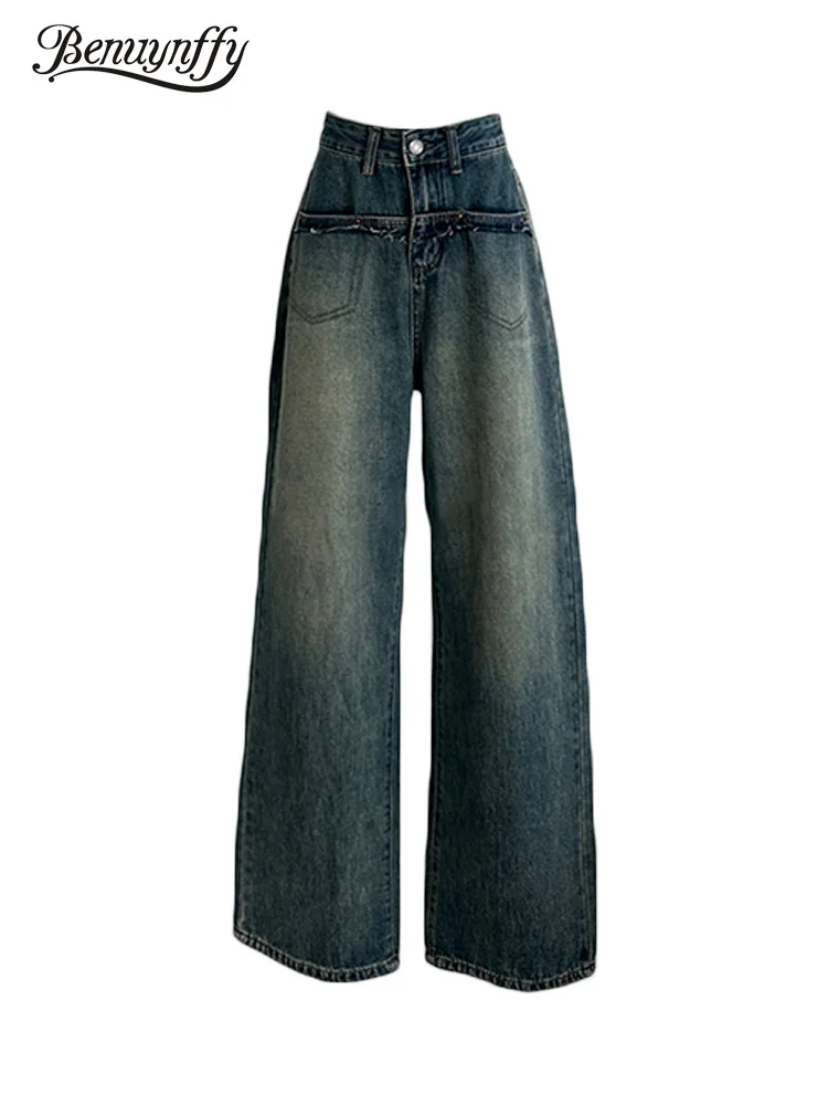 

Benuynffy American Retro Washed Distressed Jeans Women 2024 New Fashion Y2k Korean Streetwear High-waisted Jean Wide Leg Pants