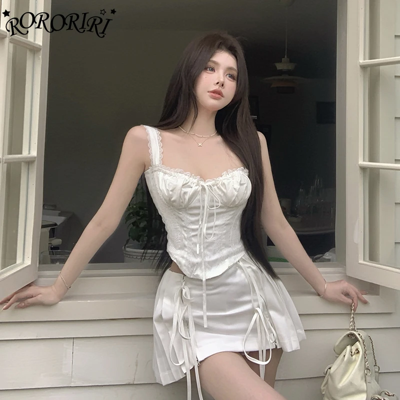 

RORORIRI Women Balletcore Bandage Corset Top Skirt Set White Lace Sleeveless Vest Zipper Slit Pleated Mini Skirt Vintage Clothes