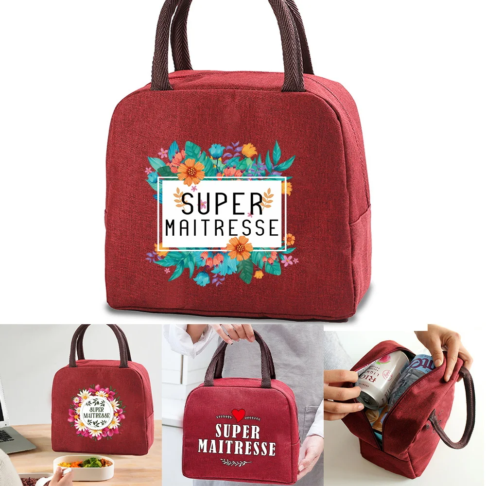 

Women Insulated Thermal Lunch Bags Maitresse Print Portable Eco Handbag Ice Cooler Box Pack Organizer Food Lunchbox Picnic Tote
