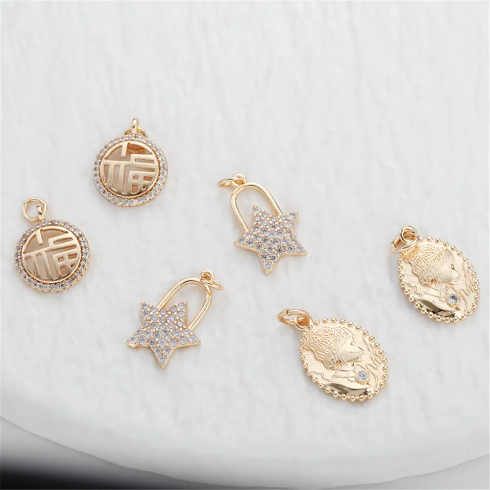 

14k gold inlaid with zircon five-pointed star lucky ellipse pendant diy bracelet necklace accessories pendant