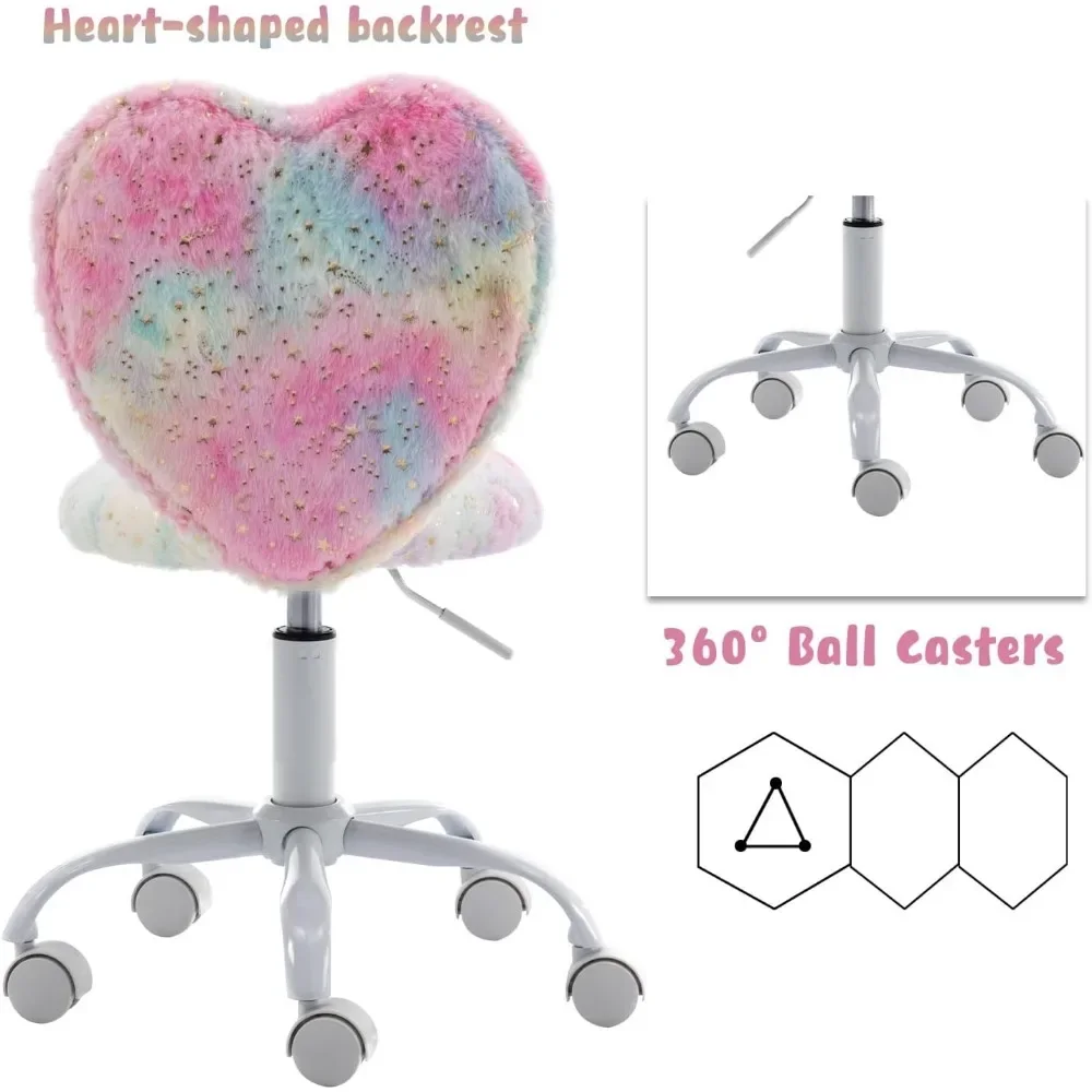 Desk Chair Faux Fur Study Chair for Teenage Girls, Adjustable Heart Shaped Kids Vanity Chair for Bedroom Reading Living Room 4