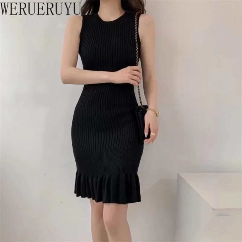 

Sleeveless Mini Fish tail Dress Women Clothing Casual Black Elegant Fashion Summer Knitted Short Dresses for Women 2024 Sundress