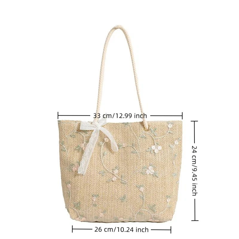 Borsa tote in paglia intrecciata con ricamo floreale e dettaglio fiocco in pizzo, perfetta per il pendolarismo quotidiano, gite in spiaggia e shopping - immagine 6