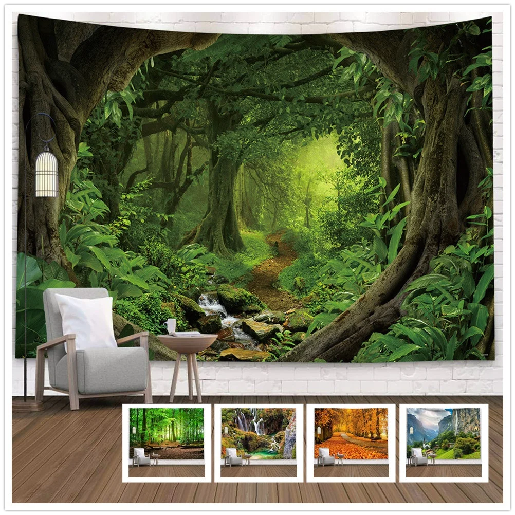 Mistyforesttapestrysunlightthroughforestwallhangingnatural