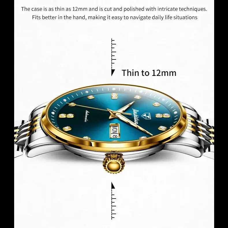 JSDUN 8960 Men's Watch Luxury Diamond Automatic Mechanical Watch Waterproof Stainless Steel Watch Fashionable Business Men Watch