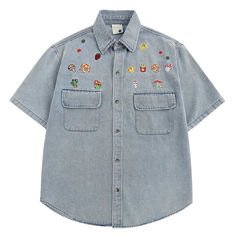 

Wased Denim Short Sleeve Shirt Mens Funny Cartoon Lapel Casual Streetwear Summer Loose Single Breasted Shirt Top shirts for men