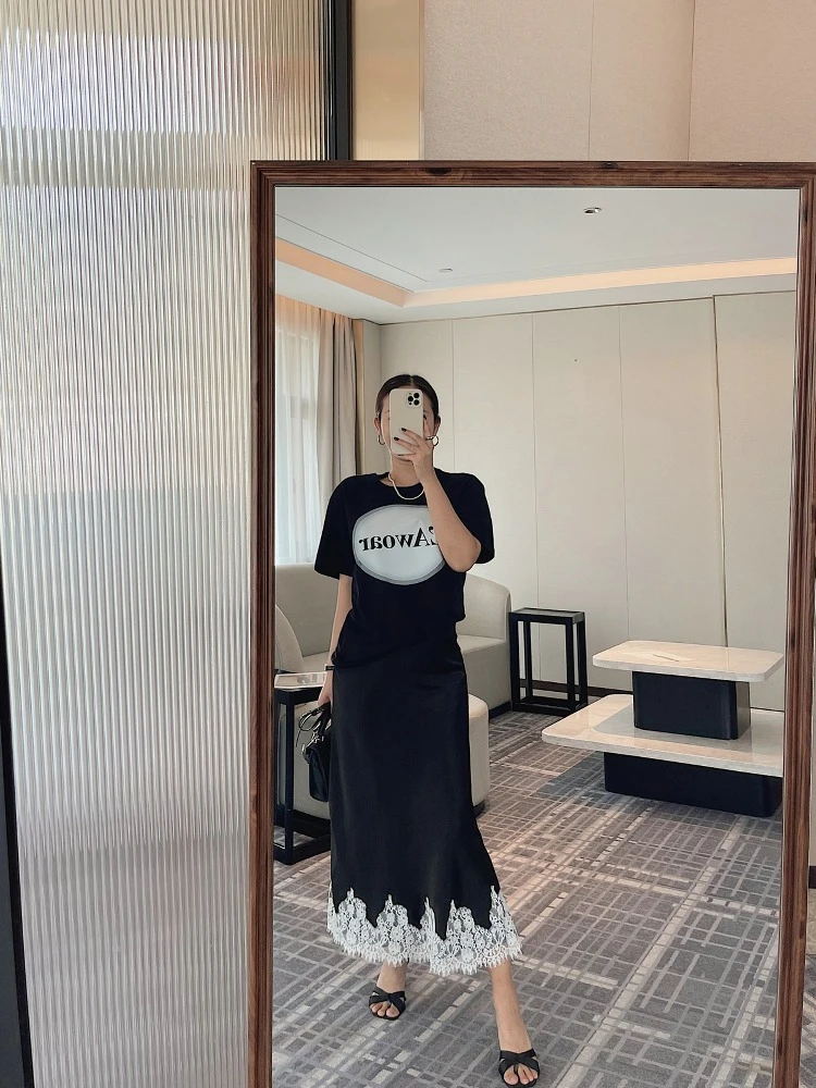 Satin Lace Patchwork Midi Skirt 2025 Women A-line Elegant Smooth Skirt Women Clothing 3