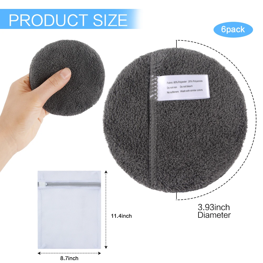 Microfiber Reusable Makeup Remover Pads Face Cleansing Gloves Washable Makeup Removal Cloth Rounds With Laundry Bag 6 Pack 3