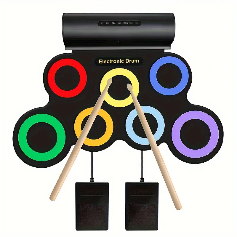 Bateria Eletronica,Portable 7 Pad Roll-Up Electronic Drum,Practice Kit,with Headphone Jack Built-in Speaker Pedal/Stick/Foldable