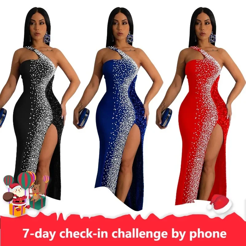 Black Blue Red Polyester African Dresses for Women Summer Sexy African Sleeveless Sequined Long Party Dress African Clothes