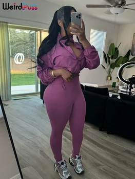 Weird Puss Women Tracksuit 2 Piece Set 2024 Autumn Casual Zip Thin Drawstring Jacket+Leggings Matching Streetwear Sporty Suit 1