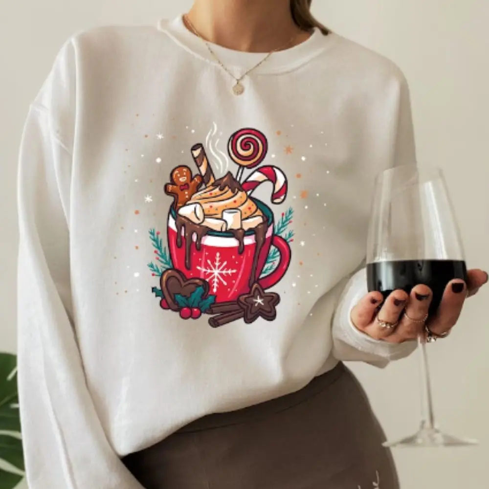 Christmas Hot Cocoa Sweatshirt Winter Casual Hoodie Funny Long Sleeve Sweater Xmas Party Hooded Pullover