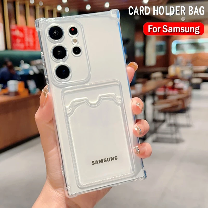 Card Holder Bag Case For Samsung Galaxy S24 Ultra S23 S22 S21 S20 FE Note 20 10 Plus Camera Protect TPU Cover