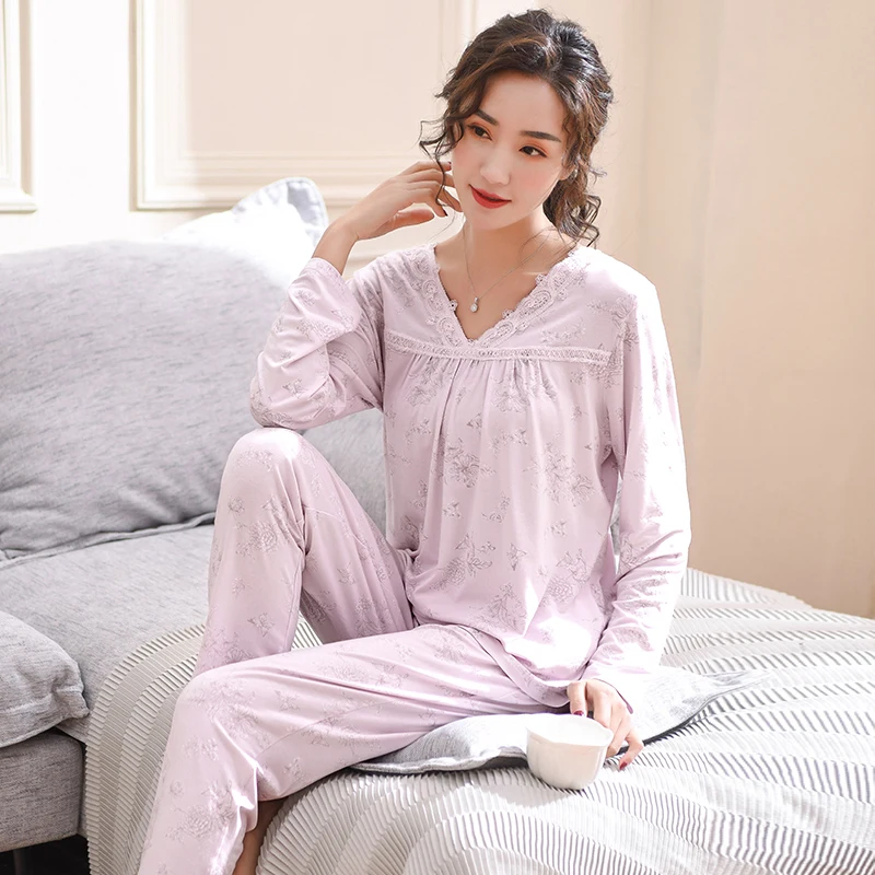 

Autumn Modal Cotton Long Sleeve Pajamas For Women Sexy V-Neck Sleepwear Small Flower Female Lounge Pajama Sets Big Size XXXL