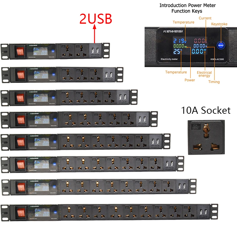 

Cabinet type power board distribution device with 2-10 universal sockets and 2USB digital voltage measuring instrument