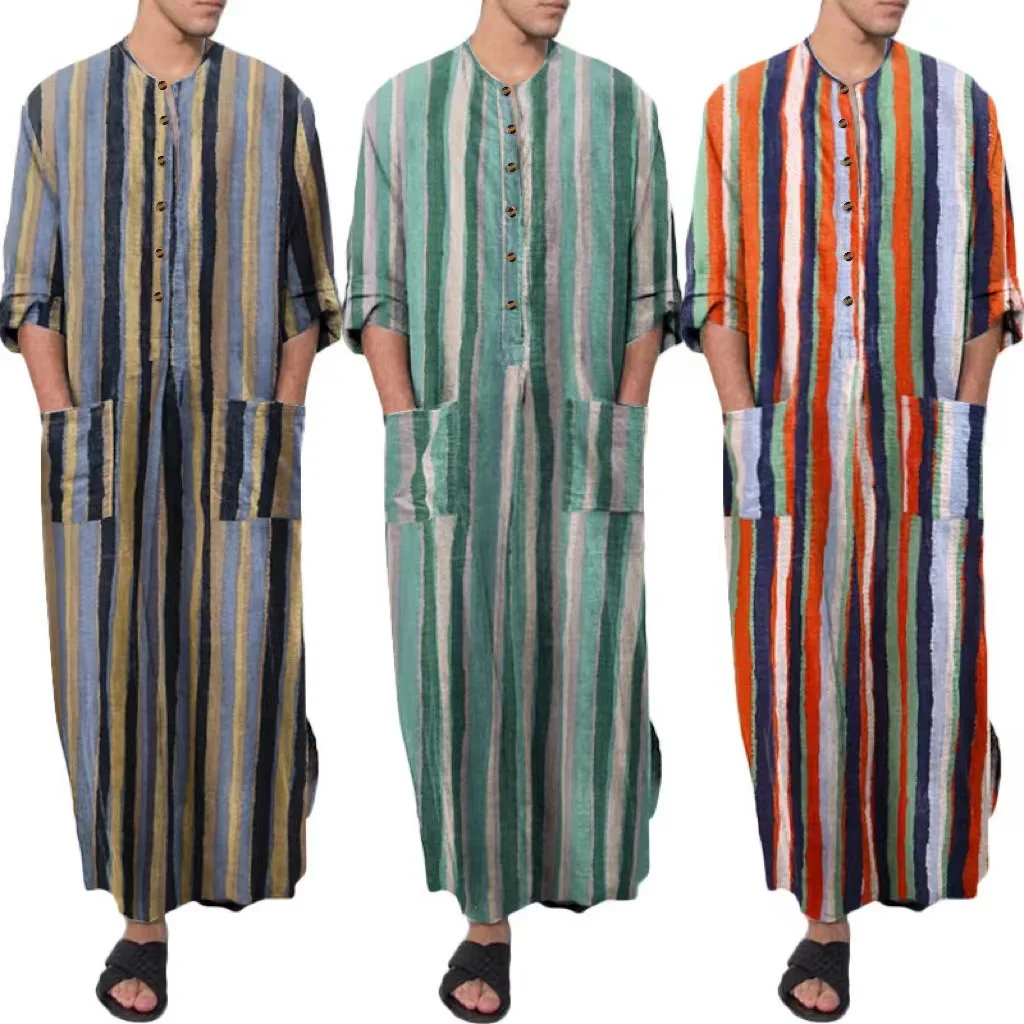 

Eid Muslim Stripe Print Men Shirt Robe Loose Long Sleeved Middle East Dubai Saudi Arabian Kaftan Man Clothing Caftan Ramadan