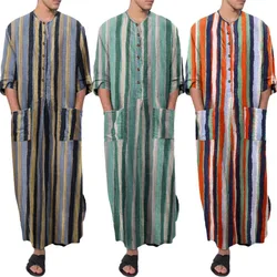 Eid Muslim Stripe Print Men Shirt Robe Loose Long Sleeved Middle East Dubai Saudi Arabian Kaftan Man Clothing Caftan Ramadan