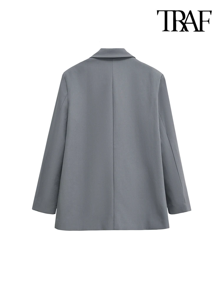 TRAF-Women's Double Breasted Office Wear Blazer Coat, Long Sleeve, Flap Pockets, Female Outerwear, Chic Tops, Fashion 3