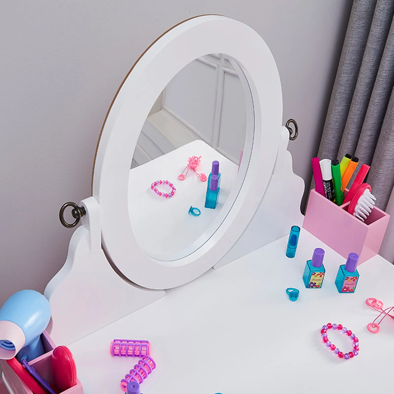 Kids Princess Vanity Set with Mirror & Stool 5