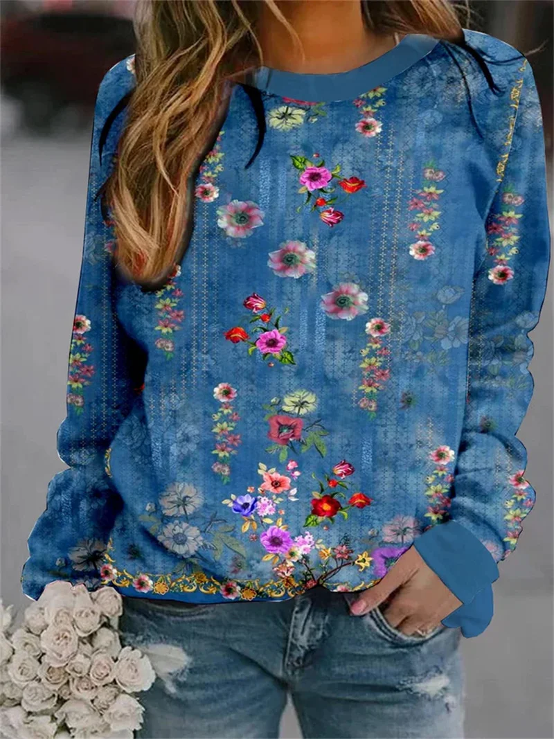 Fashion Flower Print Round Neck Pullover Sweatshirt Female Autumn Comfortable Casual Long Sleeve Hoodie Women's Loose Outerwear