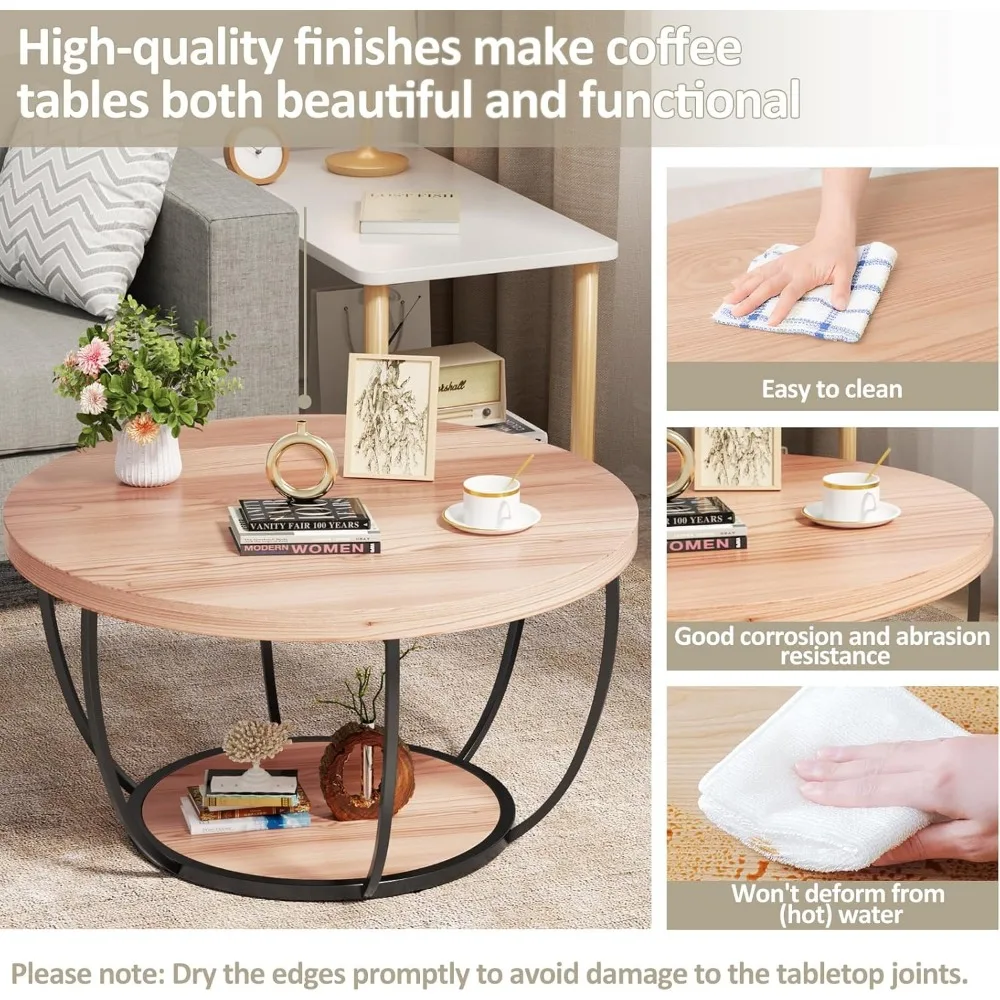 31.5" Round Coffee Table, 2-Tier Coffee Tables for Living Room, Small Wood Coffee Table with Storage, Modern Accent Center Table 4
