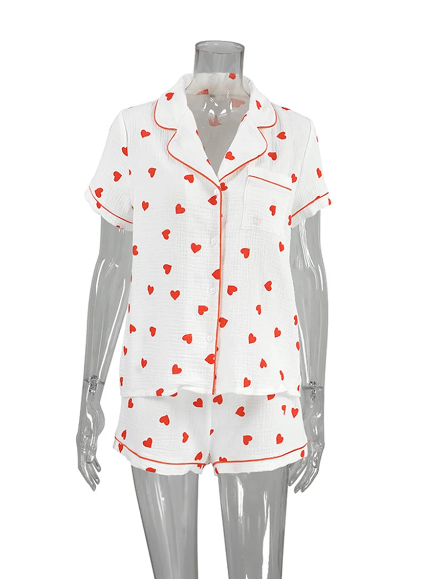 Marthaqiqi Loose Ladies Nightgowns Suit Sexy Turn-Down Collar Sleepwear Short Sleeve Nightie Shorts Casual Printing Pajamas Set
