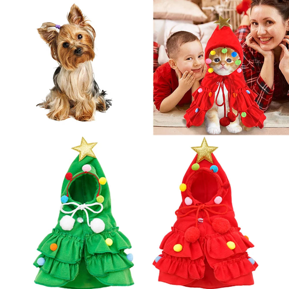 Cat Christmas Outfit with Star Pompoms Cloak Costume Santa Cosplay Pet Xmas Cape Dress Up Clothes Warm Red Scarf Cloak With Hat