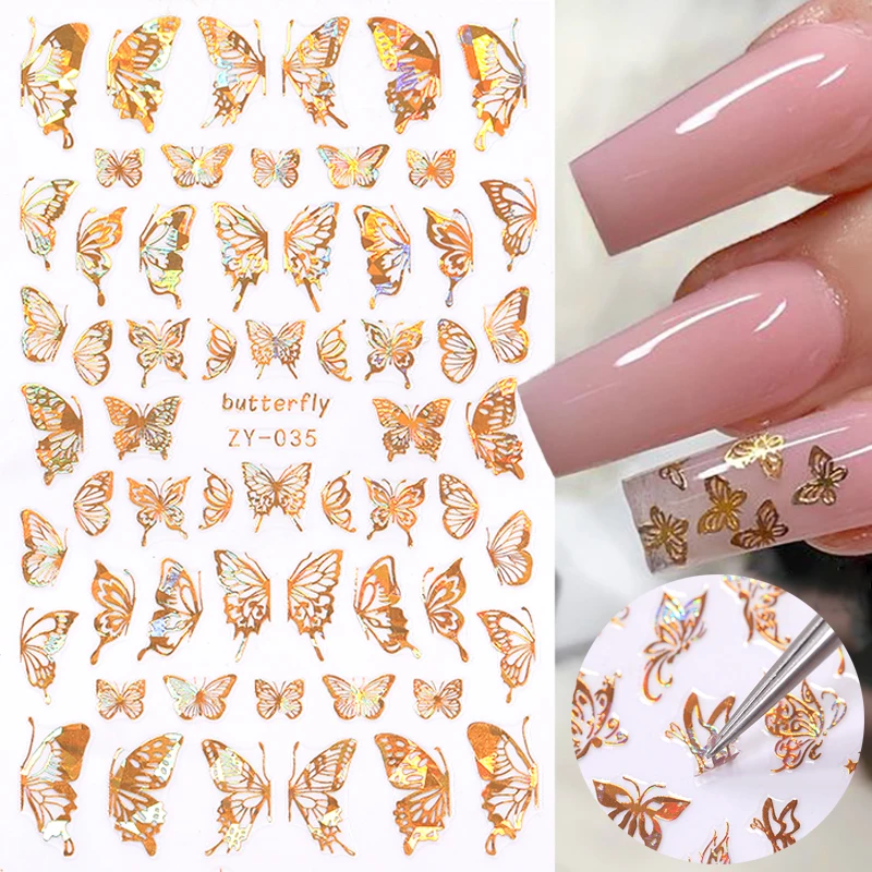 

1PC 3D Butterfly Nail Art Stickers Adhesive Sliders Holographic Laser Colorful DIY Gold/Silver Nail Transfer Decals Decorations