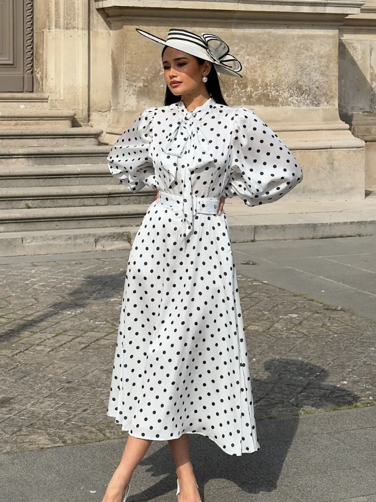 Epona | Velvet dress with dotted lace, half sleeves, stand-up collar and lacing at the back main image 1