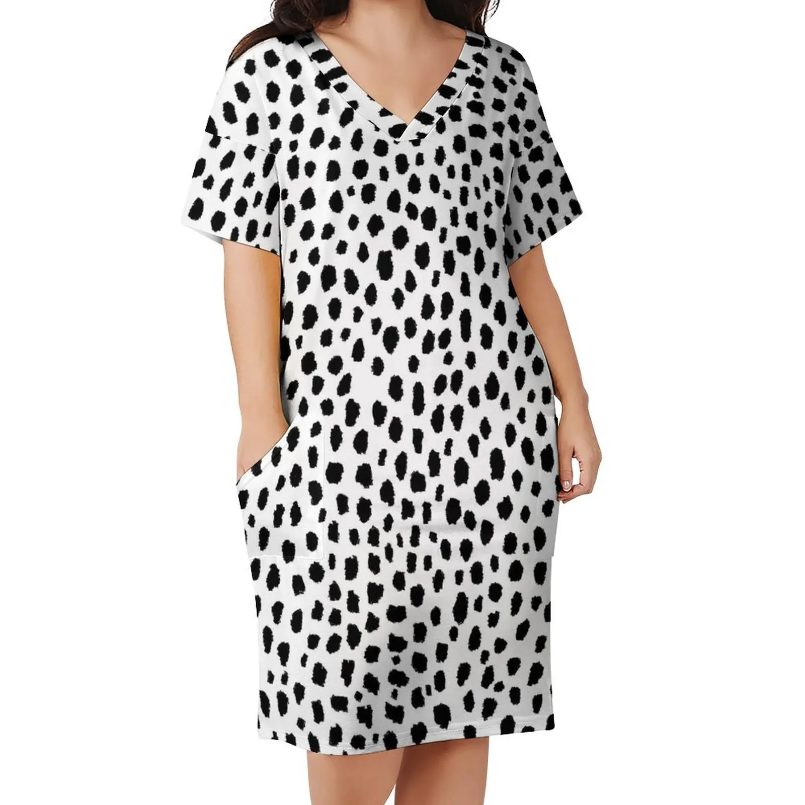 

Dalmatian Spots Dress V Neck Dots Print Aesthetic Dresses Holiday Trendy Casual Dress Women Graphic Oversized Clothes