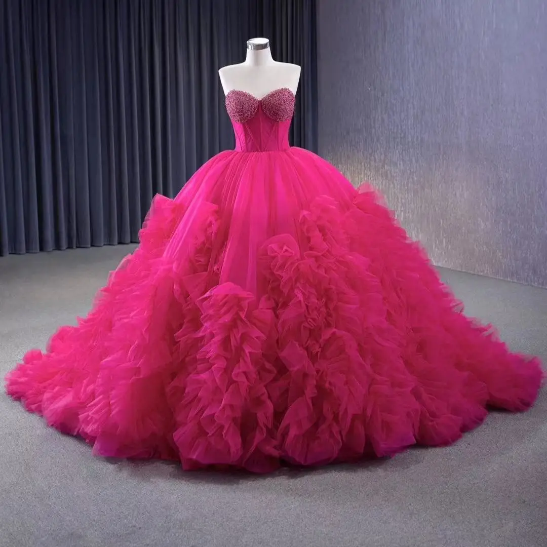 

Фуксия Charro Quinceanera платья бальное платье милое Тюлевое с оборками бусинами мексиканское милое 16 платья 15 лет