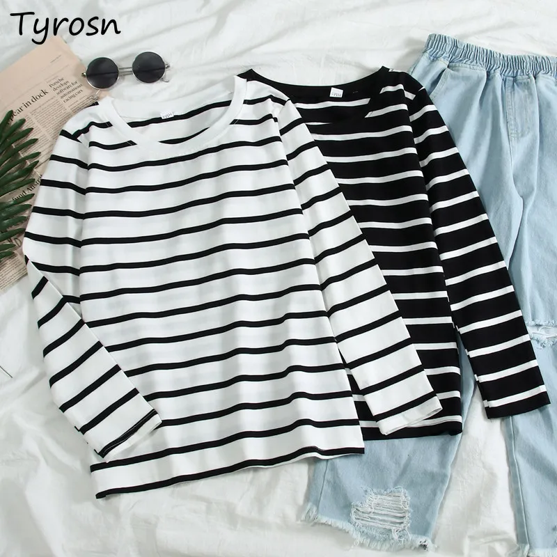 

Striped Long Sleeve T-shirts Women Trendy All-match Basic Tops Inside Casual Korean Style Panelled O-neck Tshirts Mujer Hot Sale