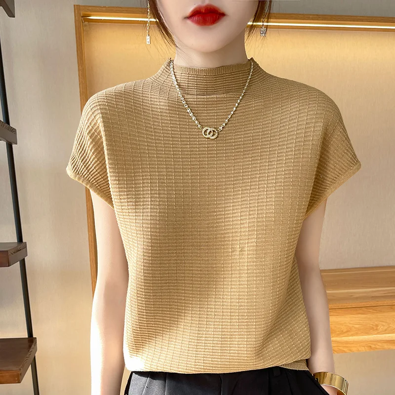 Women's Short-sleeved Tees Half-high Collar Pullover Vest Summer New Cotton Blend Loose Fashion Knitted Bottoming T-shirt